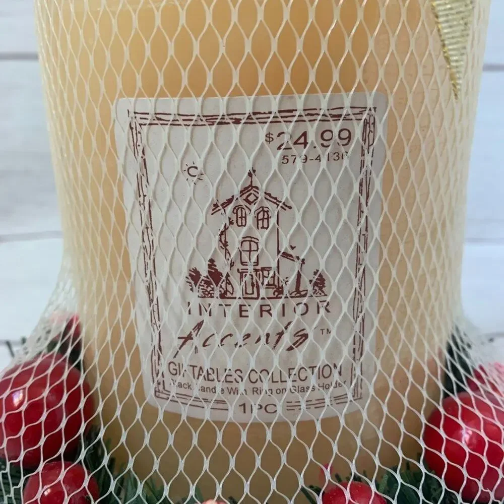Interior Accents Cream Holiday Candle with Mini Wreath and Glass Holder 6 3/4